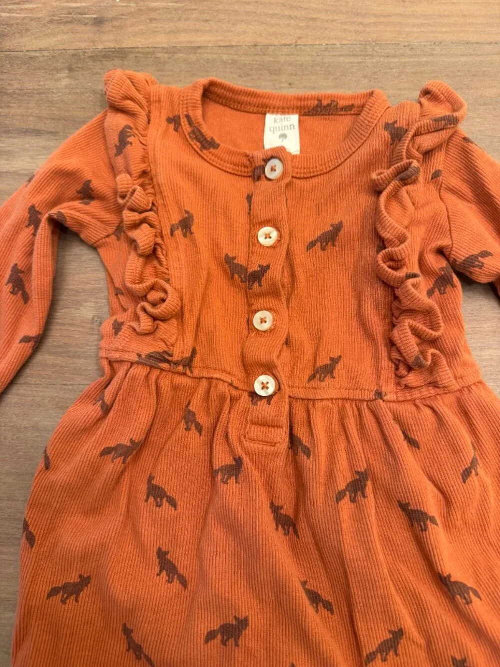 Kate Quinn Fox Print Ribbed Ruffle Romper Rust Organic 6-12M